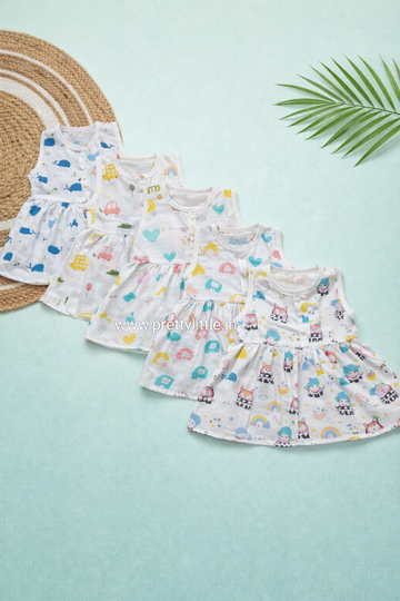 (Any 5) Combo Pack of Muslin soft Frocks for Babies sleeveless (0-6 month)