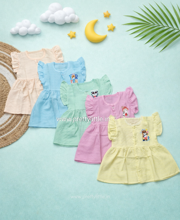 (Any 5) Combo Pack of Muslin soft butterfly Frocks for Babies (0-8 month)