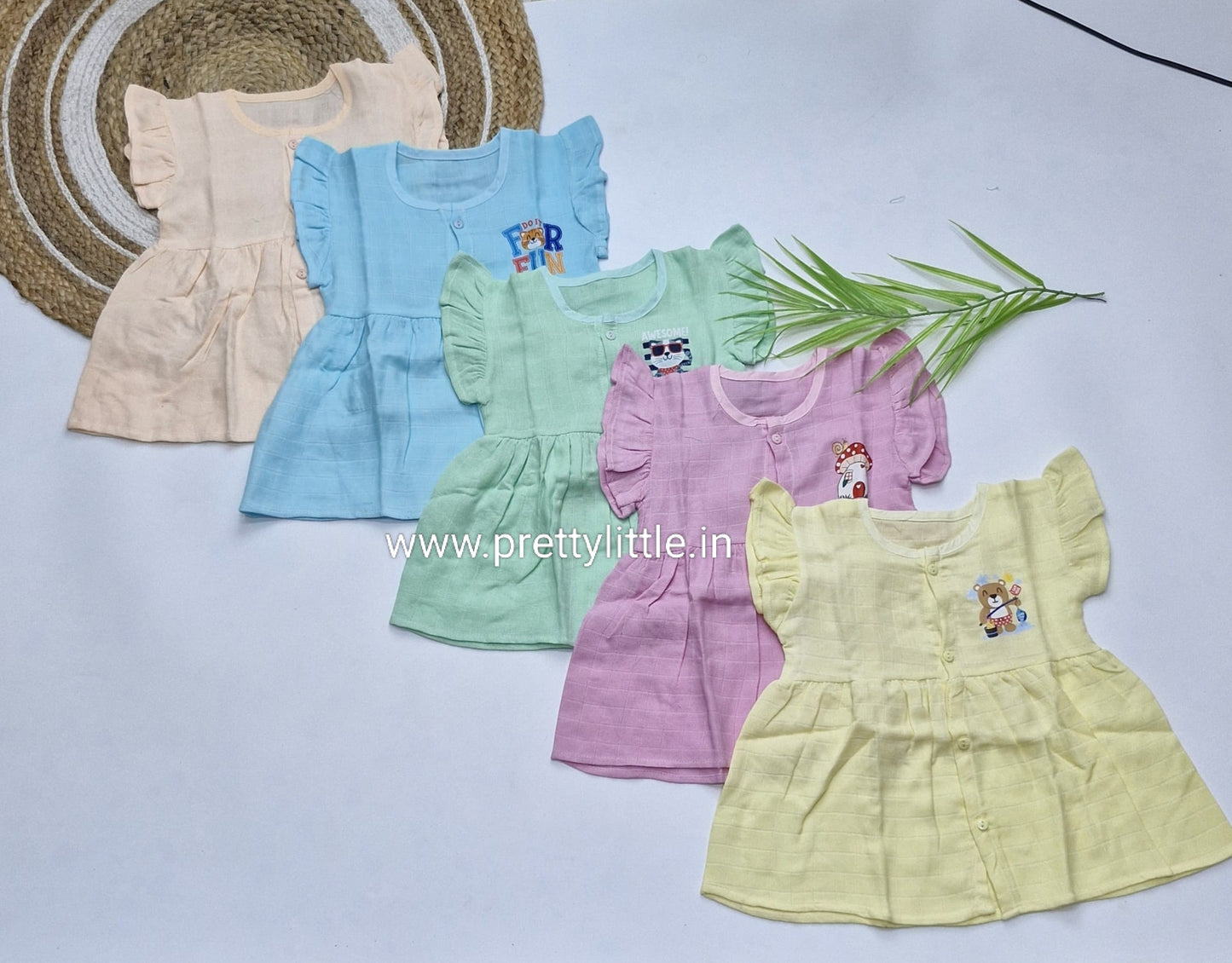 (Any 5) Combo Pack of Muslin soft butterfly Frocks for Babies (0-8 month)