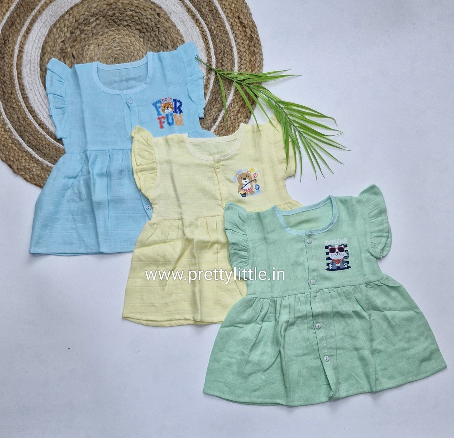 (Any 5) Combo Pack of Muslin soft butterfly Frocks for Babies (0-8 month)