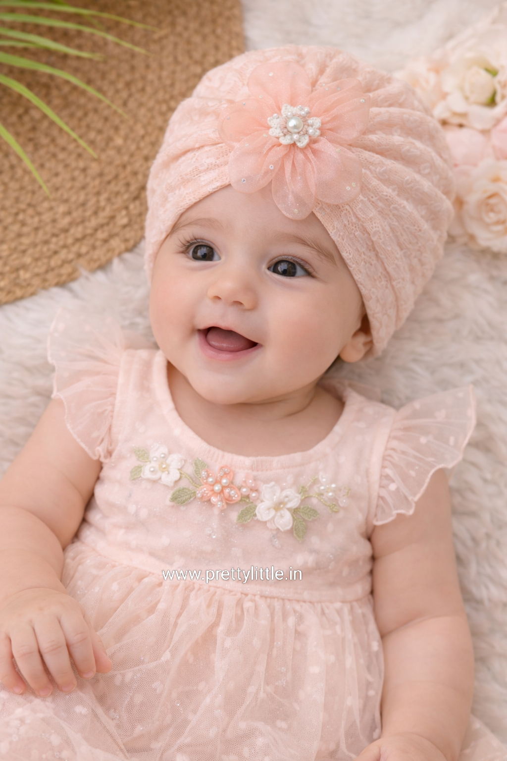 Baby Lace Turban Cap with Flower – Soft Stretch Headwrap (0–12 Months)