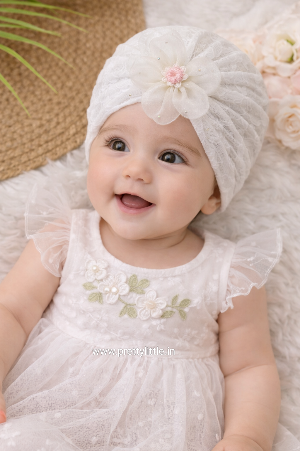 Baby Lace Turban Cap with Flower – Soft Stretch Headwrap (0–12 Months)