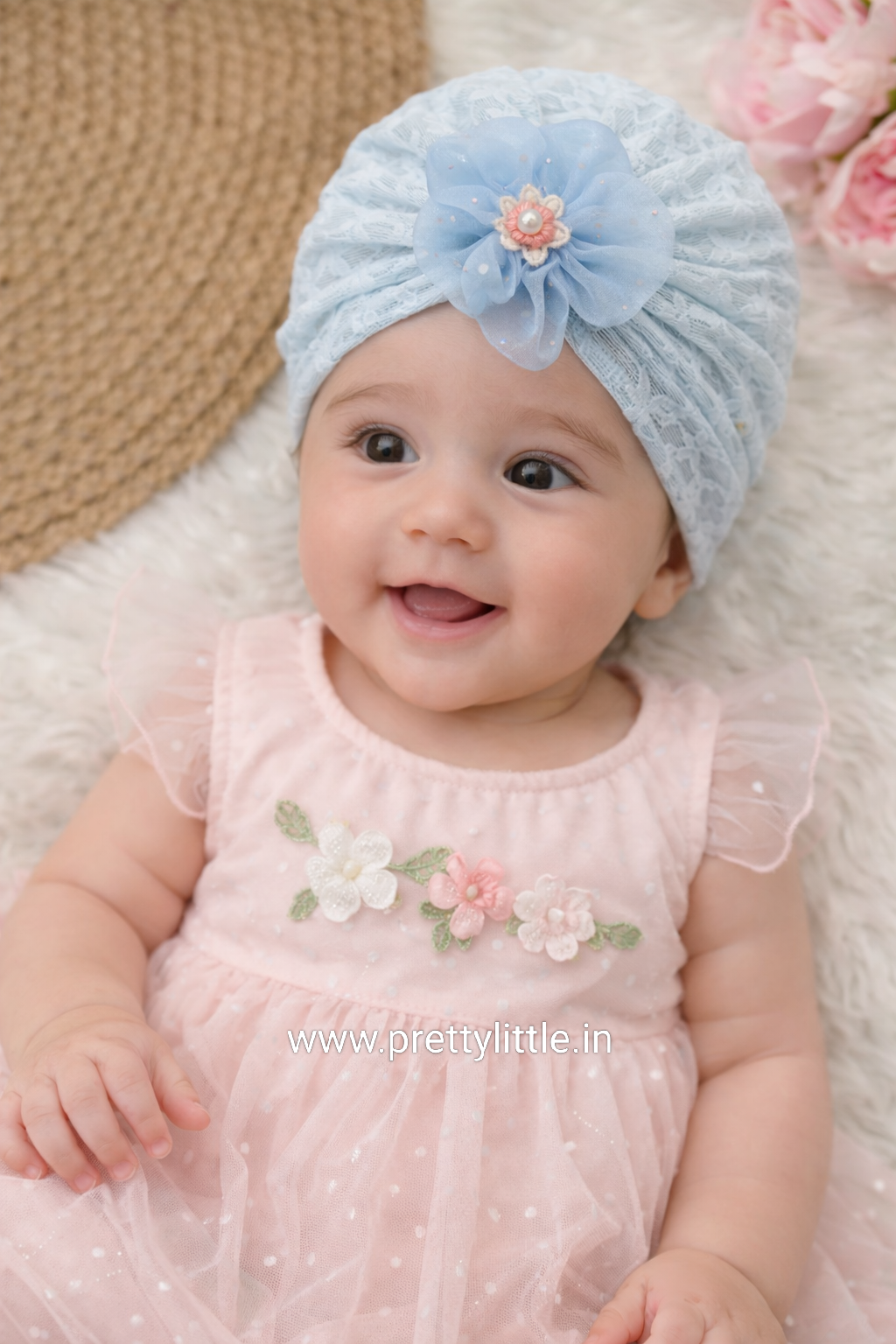 Baby Lace Turban Cap with Flower – Soft Stretch Headwrap (0–12 Months)