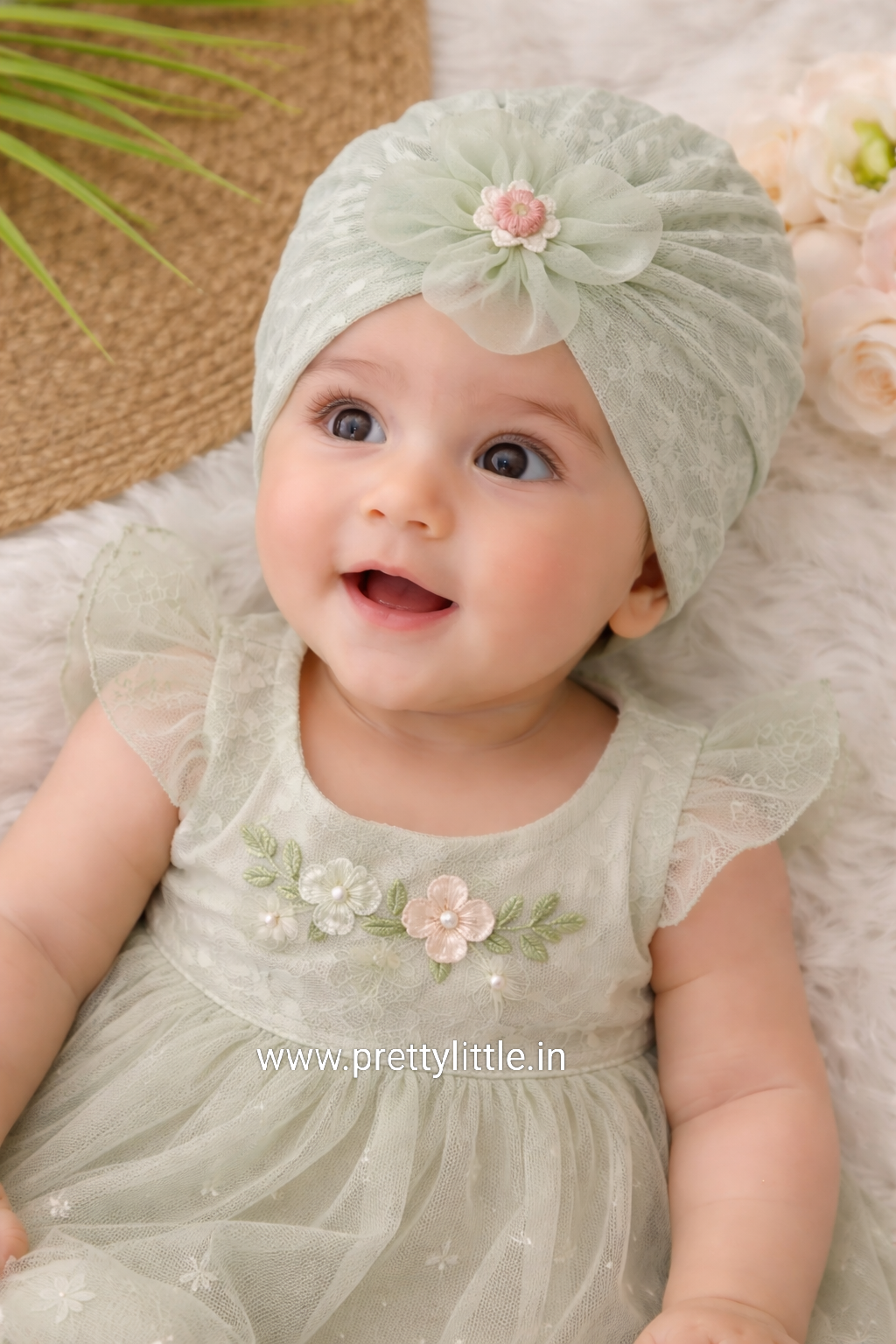 Baby Lace Turban Cap with Flower – Soft Stretch Headwrap (0–12 Months)