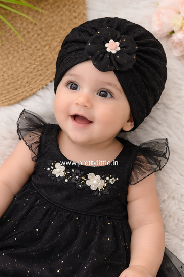 Baby Lace Turban Cap with Flower – Soft Stretch Headwrap (0–12 Months)