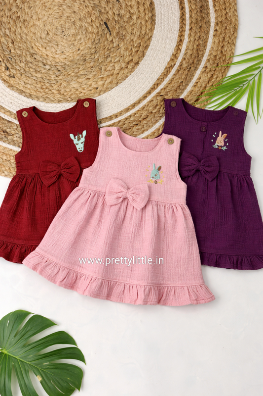 Crinkled Muslin cute Baby Frock with Bow  0-2 Years (Any 3)