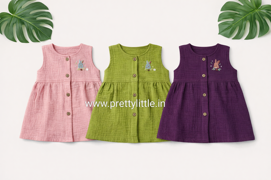 Crinkled Muslin Baby Frock with full button | 0–3 Years | 0-2 Years (Any 3)
