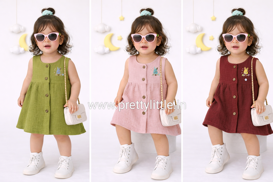 Crinkled Muslin Baby Frock with full button | 0-2 Years (Any 3)