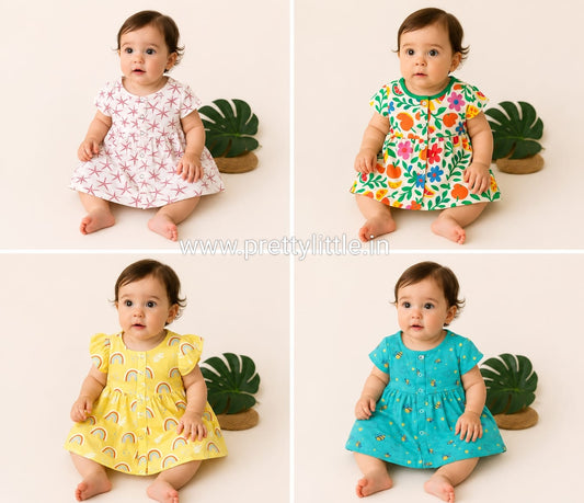 Pack of 4 cloud soft  Muslin Baby Frock | 0–2 Years | Soft & Breathable (Assorted Pack)