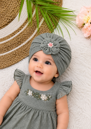 Baby Lace Turban Cap with Flower – Soft Stretch Headwrap (0–12 Months)