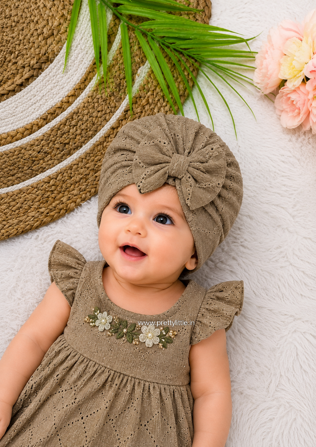 Baby Lace Turban Cap with Flower – Soft Stretch Headwrap (0–12 Months)