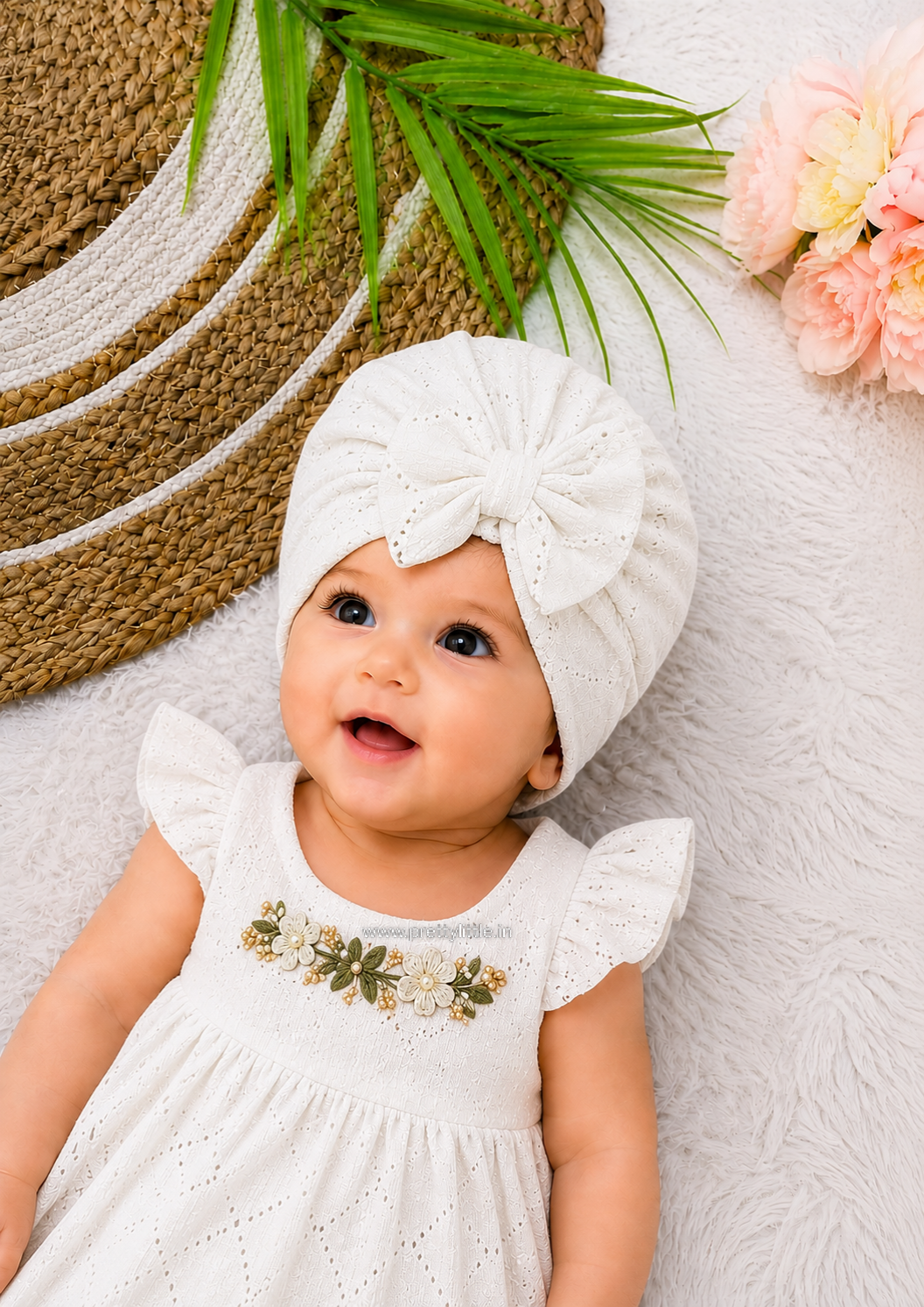 Baby Lace Turban Cap with Flower – Soft Stretch Headwrap (0–12 Months)