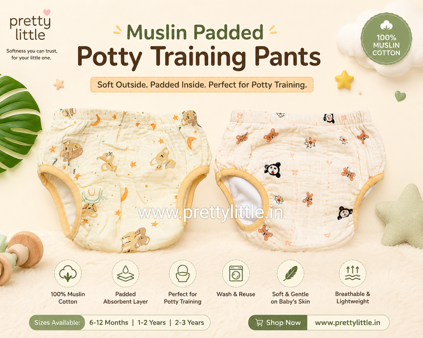 Muslin Padded Underwear for Babies | Reusable Potty Training Pants | 100% Muslin Cotton ( any one dispatched)