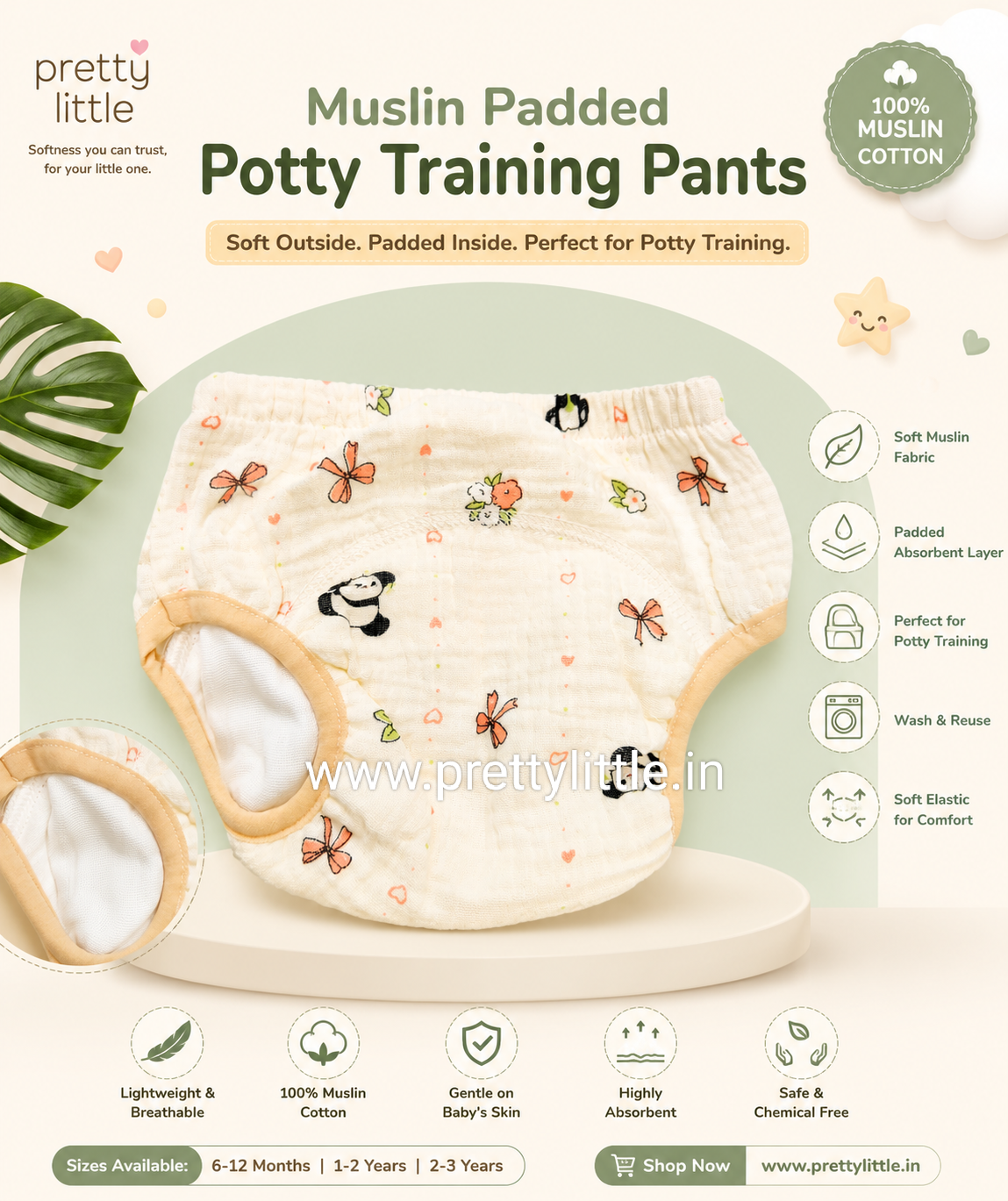 Muslin Padded Underwear for Babies | Reusable Potty Training Pants | 100% Muslin Cotton ( any one dispatched)
