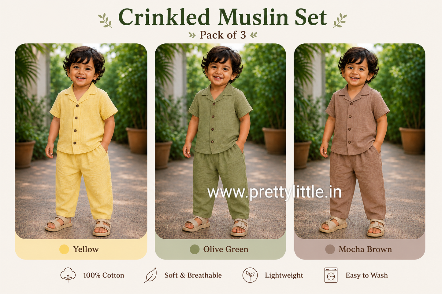 Crinkled Muslin Unisex sleeve Co-ord Set – Pack of 3 | 1-4 Years