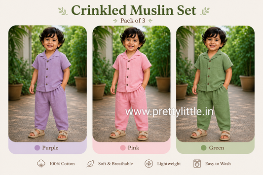 Crinkled Muslin Unisex sleeve Co-ord Set – Pack of 3 | 1-4 Years