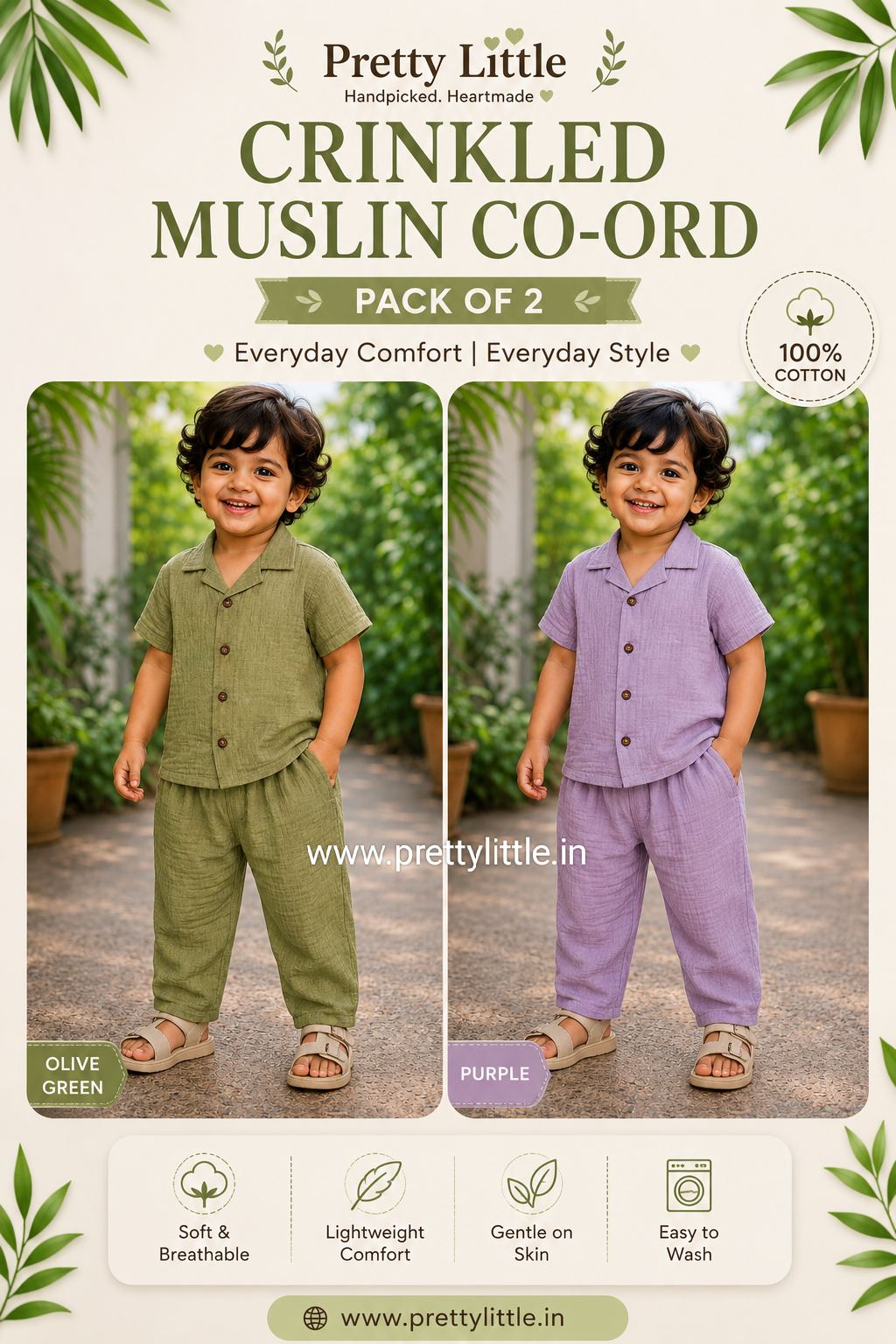 Crinkled Muslin Unisex sleeve Co-ord Set – Pack of 2 | 1-4 Years