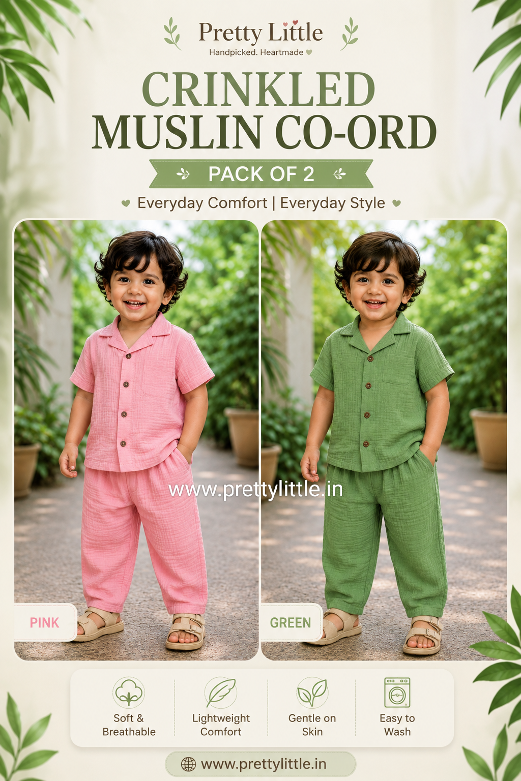 Crinkled Muslin Unisex sleeve Co-ord Set – Pack of 2 | 1-4 Years