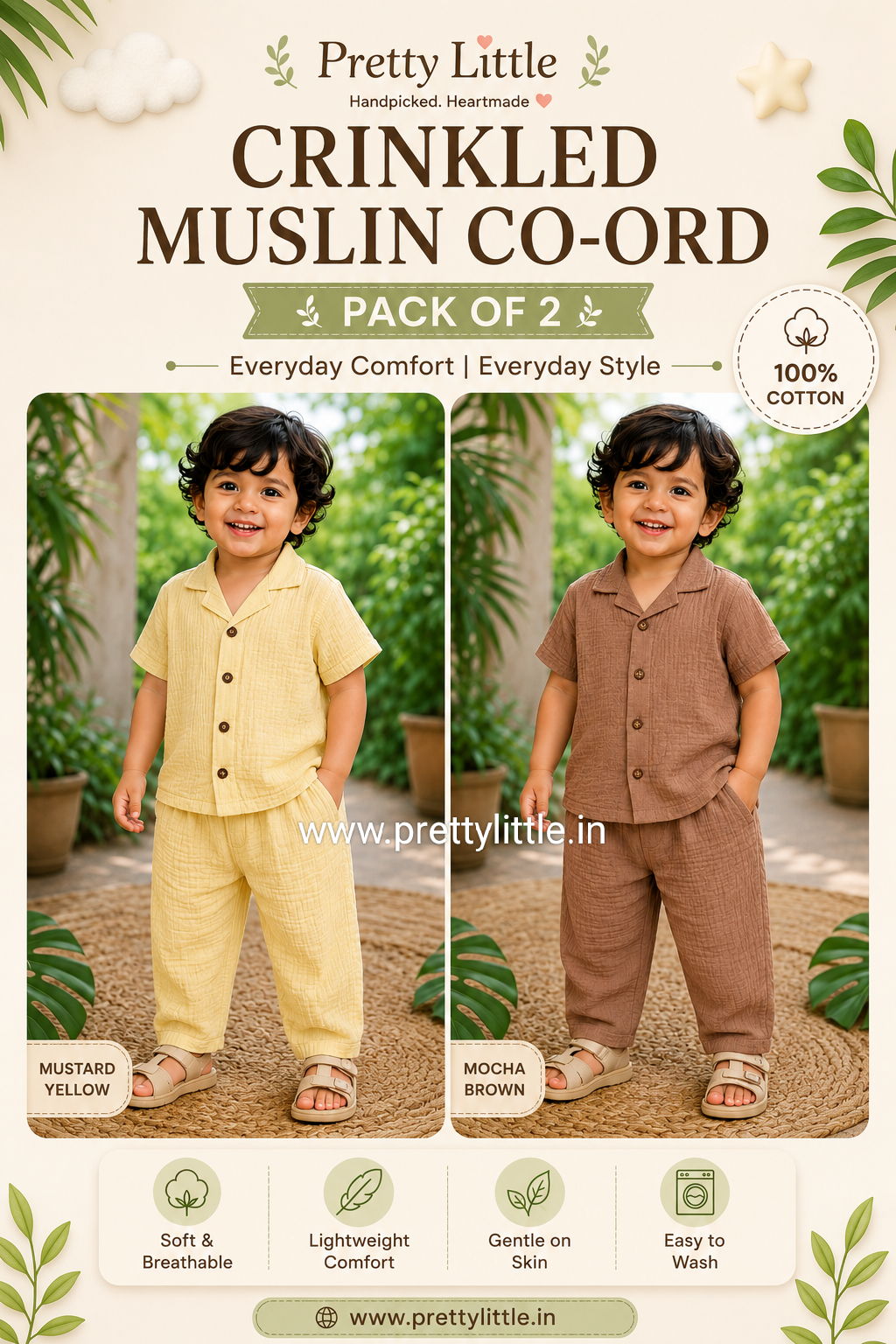 Crinkled Muslin Unisex sleeve Co-ord Set – Pack of 2 | 1-4 Years