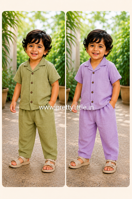 Crinkled Muslin Unisex sleeve Co-ord Set – Pack of 2 | 1-4 Years