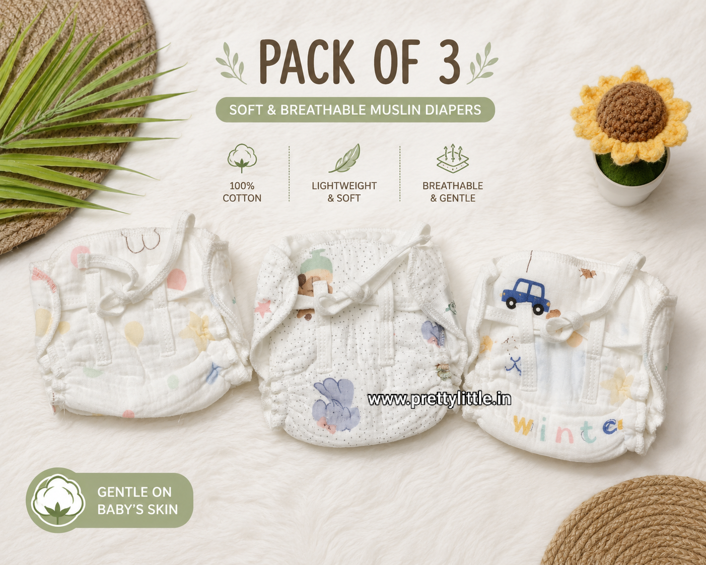 Muslin Comfort Padded Nappy – Pack of 3