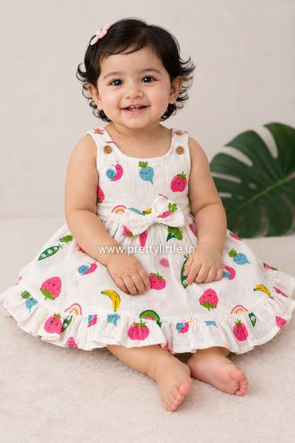 Fruity Garden muslin Bow Frock for Baby Girls – 0 to 18 Months